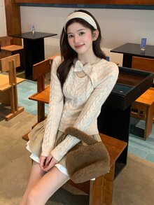 DAZY Women's Bowknot Long Sleeve 2 In 1 Sweater, Autumn/Winter - Beige - View 7