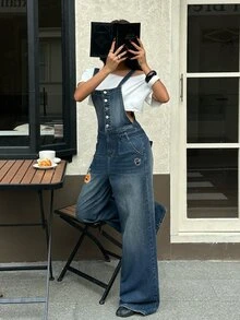 Rivivi Women's Casual Daily Denim Overalls With Pumpkin Pattern And Pockets - Dark Wash - View 6