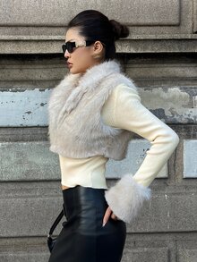 DAZY Beige Waist-Cinching Fabric Patchwork Faux Fur Long Sleeve Versatile Knit Cardigan - Apricot - View 6