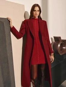 MOTF PREMIUM WOMEN'S VELVET PATCHWORK WAIST-CINCHING MID-LENGTH COAT, AUTUMN/WINTER - Red - View 4