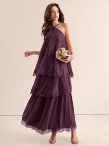 Willow Rêve Gaun Maxi Tencel Wanita dengan Tali Leher dan Hiasan Renda Bertingkat, Gaun Liburan Elegan - Purple - View 5