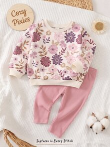 Cozy Pixies 女童花卉印花運動衫與內搭褲套裝 - 粉色 - 查看 7
