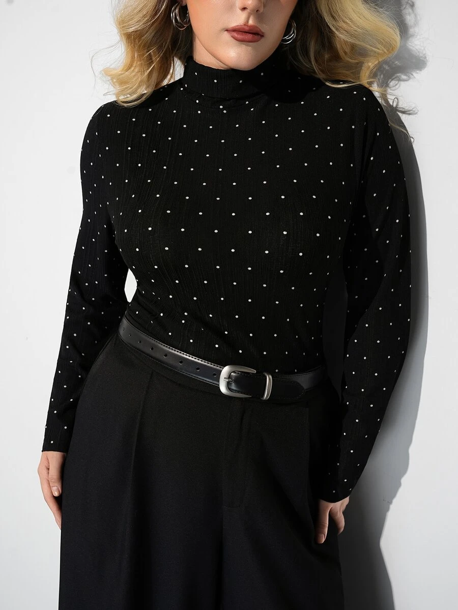 Maija Plus Size Women Polka Dot Print High Neck Long Sleeve Slim Fit Top - Black - View 1