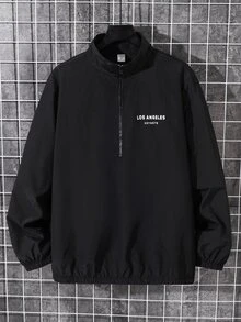 SHEIN 青少年男孩酷炫休閒極簡黑色立領拉鍊夾克，字母印花設計，適合秋冬返校穿著 - 黑色 - 查看 6