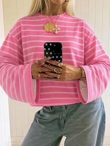 SHEIN EZwear 女款休閒寬鬆長袖條紋T恤，秋冬女裝 - 彩色 - 查看 1