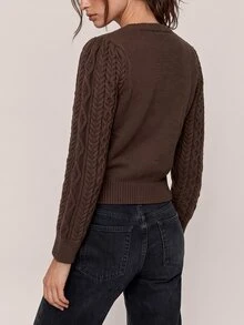 Freevana Elegant V-Neck Twisted Rope Cable Knit Single-Breasted Cardigan - Coffee Brown - View 3