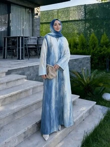 Yasveil 女款印花休閒優雅寬鬆長款睡袍附頭巾 - 霧霾藍 - 查看 5