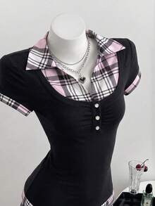 Elamini Kaos Wanita 2-in-1 Motif Kotak-kotak Patchwork Kasual Slim Fit Lengan Pendek - Hitam - View 7