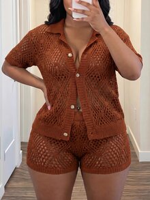 Slaydiva New Loose Fit Lapel Open Front Short Sleeve Shorts Striped Solid Color Plus Size Women 2 Pieces Set Summer Knit Casual Vacation Outfit - Style A, Suitable For Autumn/Winter - Rust Brown - View 3