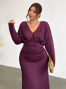 Firerie Plus Size Purple-Red Ruched Waist V-Neck Long Sleeve Dropped Shoulder Fishtail Maxi Dress For Party And Date - Red Violet - View 5