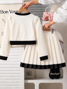 2pcs Spring/Autumn/Winter Tween Girl Long Sleeve 3D Bow & Rhinestone Button Top + High Waist Pleated Mini Skirt, Light Apricot & Black Colorblock Minimalist Design, Suitable For Daily Wear / Party - Apricot - View 2