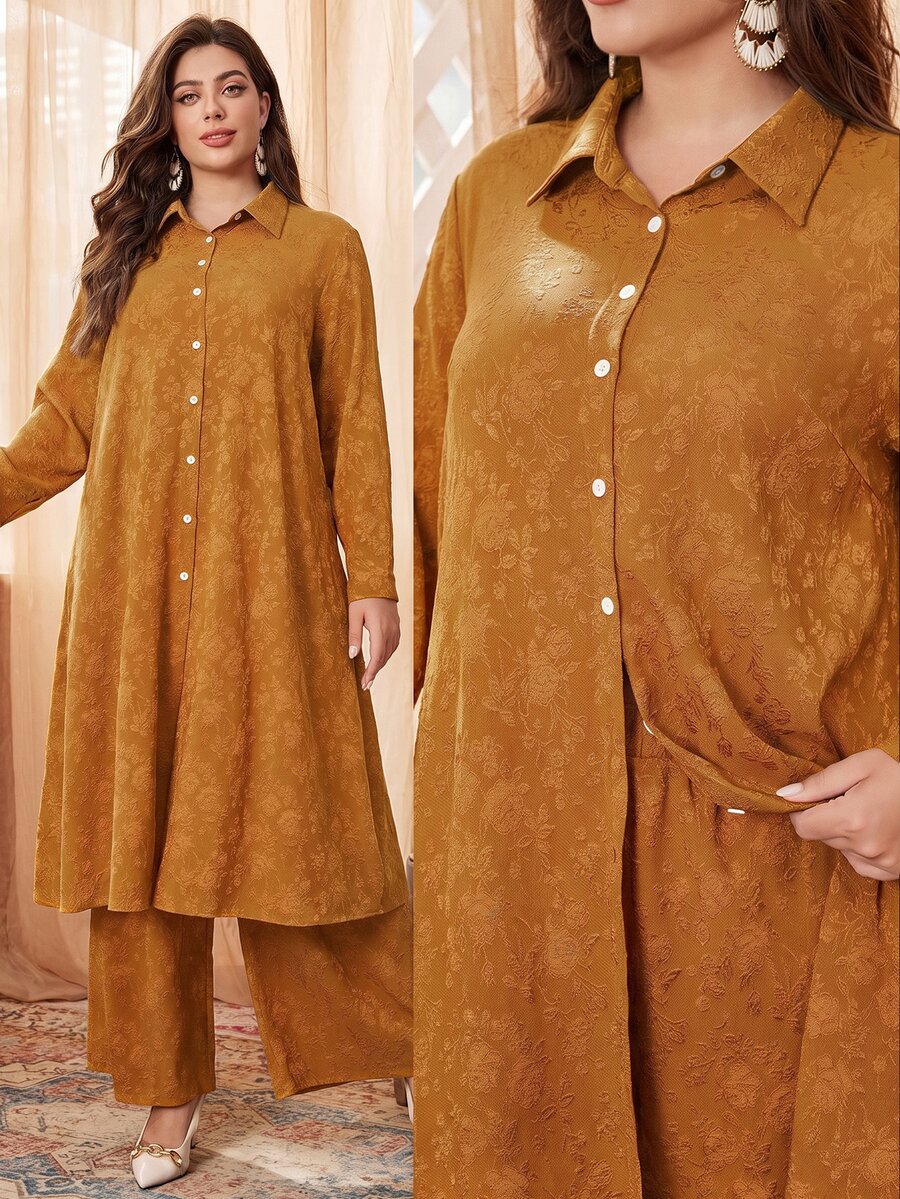 Mulvari 2pcs Textured Jacquard Contrast Button Plus Size Casual Set 2 Pieces Set - Yellow - View 1