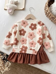 4-7 Years Old Girls Cute Faux Fur Flower Pattern 2-In-1 Long Sleeve Dress, Solid Color Hem, Cute Style, Preppy Style Dress - Multicolor - View 2