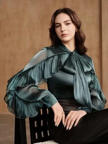 Anewsta New Elegant Fashion Loose Ruffle Tie-Front Blouse For Women - Cadet Blue - View 3