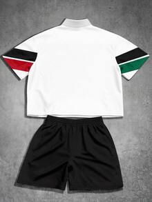 Manfinity EMRG Men's Boxy Fit Letter Graphic Colorblock Shirt & Drawstring Shorts Set, Short Sleeve Button Front 2-Piece Outfit For Streetwear & Vacation - Multicolor - View 2