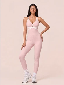 SHEIN BAE Women's Contrast Trim Halter Neck Hollow Out Casual Sports Jumpsuit - Baby Pink - View 7