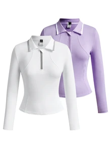 SHEIN Velisys قميص بولو رياضي نسائي بلون موحد بسحاب 1/4 وأكمام طويلة ضيق - متعدد الألوان - مشاهدة 1