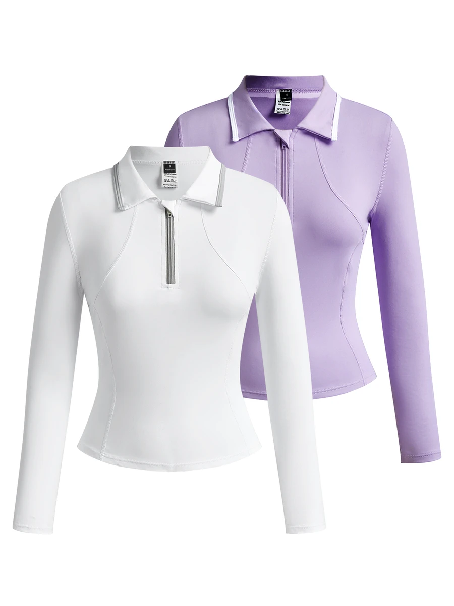 SHEIN Velisys قميص بولو رياضي نسائي بلون موحد بسحاب 1/4 وأكمام طويلة ضيق - متعدد الألوان - مشاهدة 1