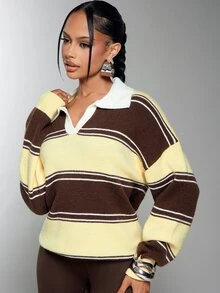 Denimoi Sweater Rajut Kerah Polo Bergaris Blok Warna untuk Wanita, Pullover Wol Lembut Kasual Longgar - MultiWarna - View 5