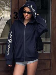 DAZY Women's Deep Blue Collar Zip-Up Letter Print Pocket Loose Drop Shoulder Long Sleeve Casual Sports Sweatshirt Jacket - Navy Blue - View 8