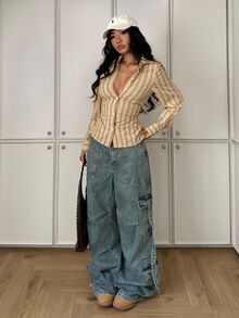 StreetHx 女款條紋性感修身襯衫，休閒優雅學院風復古街頭都市風，適合休閒辦公早午餐，黑白條紋秋季款 - 黃色 - 查看 5