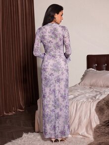 Slumberist 性感時尚女款網紗印花高開衩長款睡袍 - 紫色 - 查看 2