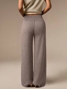 COSMINA Women's Knitted Wide Waist Straight Leg Pants, Casual Daily Wear, Mocha Color, Autumn/Winter - Khaki - View 3