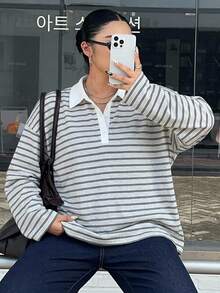 Dazy Plus 拼色拼接 Polo 領寬鬆灰色博主風休閒優雅穿搭 春/秋新款 T 恤家居服 生日 - 灰色 - 查看 6