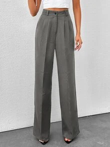 SHEIN Petite Women's Solid Color High Waisted Wide Leg Pants - Grey - View 5