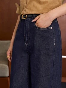 Anewsta Women's Casual Versatile Deep Blue Straight Leg Denim Jeans With Pockets - Blue - View 3