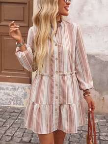 Brillora Women's Striped Single-Breasted Ruffle Hem Lantern Sleeve Casual Short Dress - 棕色 - 查看 1