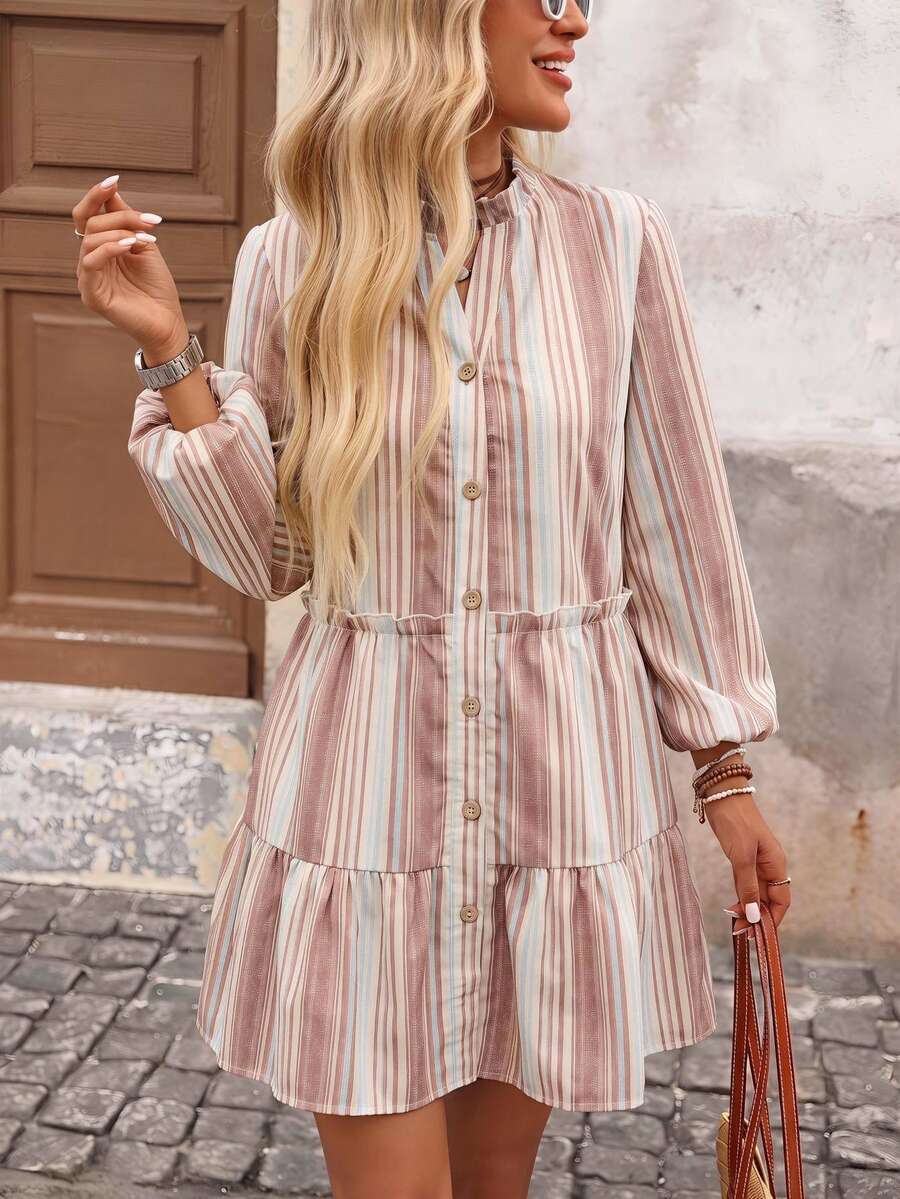 Brillora Women's Striped Single-Breasted Ruffle Hem Lantern Sleeve Casual Short Dress - 棕色 - 查看 1