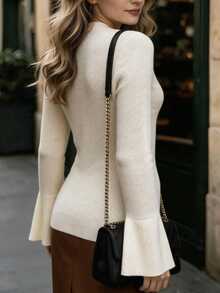 Cévolie Women's Single Button Apricot Cinched Waist Long Sleeve Knit Cardigan - Apricot - View 3