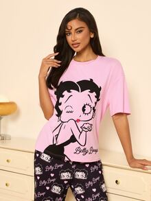 Betty Boop x SHEIN Women's Cartoon Print Short Sleeve Top And Long Pants Casual Daily Home Pajama Set - Pink - View 3