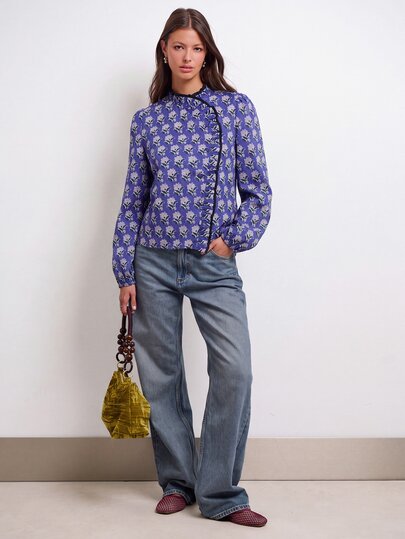 Nöista Chinese-Style Floral Print Shirt With Slanted Opening