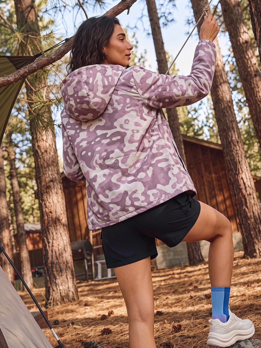 Exploreva Exploreva Women's Camouflage Pattern Zipper Front Hooded Outdoor Softshell Jacket - Dusty Pink - View 1