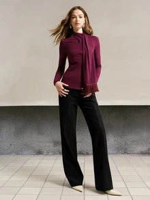 MOTF PREMIUM Celana Panjang Wanita Model Lurus dengan Dekorasi Logam dan Bahan PU, Musim Gugur/Musim Dingin - Hitam - View 6