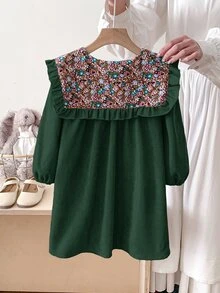 LMoss Kids 女童小女孩編織純色拼接花卉彼得潘領休閒洋裝 - 綠色 - 查看 3