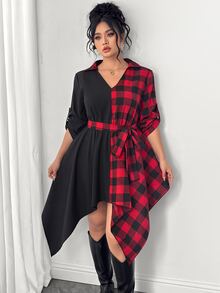 Rometta Plus Size Women's Color Block Plaid Asymmetrical Hem Casual Dress - متعدد الألوان - مشاهدة 5