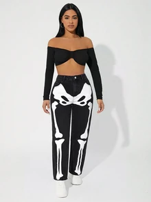 SHEIN ICON 大尺碼女款骨骼圖案口袋寬鬆休閒牛仔褲 - 黑色 - 查看 4
