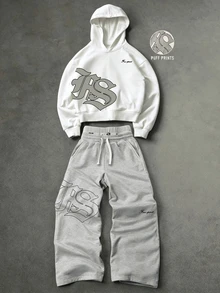 SHEIN 兒童青少年男童 2件組休閒簡約秋季新款 Y2K 嘻哈風酷感英文字母圖案寬鬆連帽衛衣＋長袖長版喇叭褲套裝，適合秋冬、校園、家庭聚會、開學季、生日派對、拍照、度假、假日 - 彩色 - 查看 4