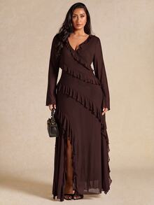 SHEIN BAE Plus Size Women's Split Hem Ruffle Long Sleeve Dress - Chocolate Brown - View 3