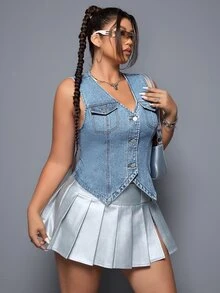 SHEIN CURVE+ Plus Size Women's V-Neck Single-Breasted Casual Denim Vest - Blue - View 6