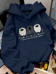 EMERY ROSE Plus Size Women's Sheep & Letter Slogan Graphic Print Casual Thermal Drawstring Sweatshirt Pullover Sweatshirt, Fall/Winter - Navy Blue - View 1