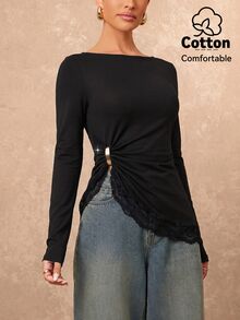 Lumalex تي شيرت نسائي قطني قابل للتتبع للشتاء والخريف، بتصميم أنيق مع رقع دانتيل، ياقة قارب، قصة ضيقة، حافة غير متماثلة، وأكمام طويلة - الأسود - مشاهدة 2