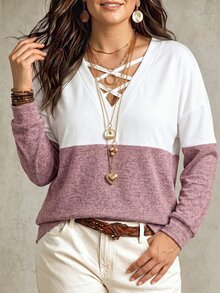 SHEIN LUNE 女款休閒對比色大尺碼運動衫，秋冬季 - 彩色 - 查看 3