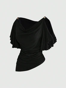 ROMWE Hippie Spring Summer Autumn Solid Color Casual Shoulder Strap Wooden Bead Decor Batwing Sleeve Ruched Waist Slimming Design Cowl Neck Plus Size Women's Top - Black - View 1