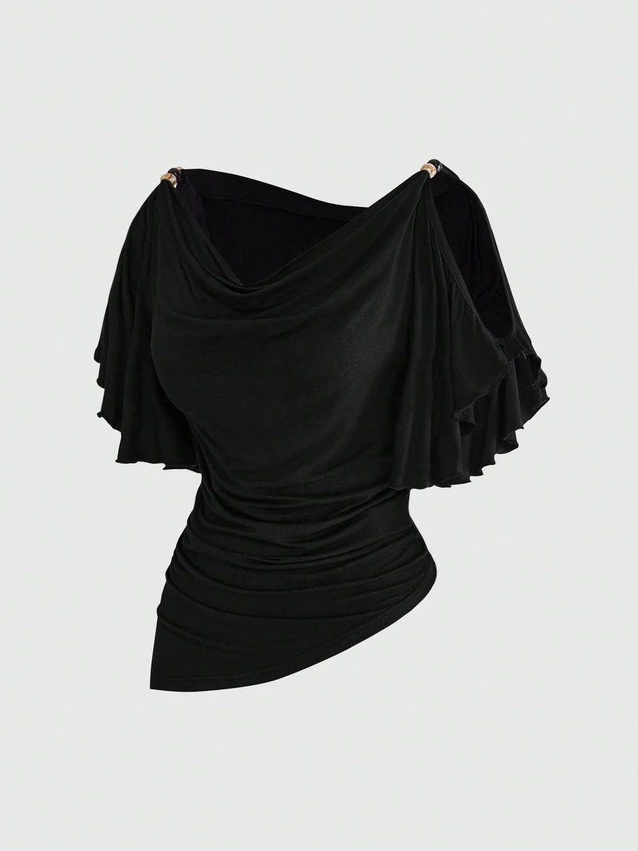 ROMWE Hippie Spring Summer Autumn Solid Color Casual Shoulder Strap Wooden Bead Decor Batwing Sleeve Ruched Waist Slimming Design Cowl Neck Plus Size Women's Top - Black - View 1