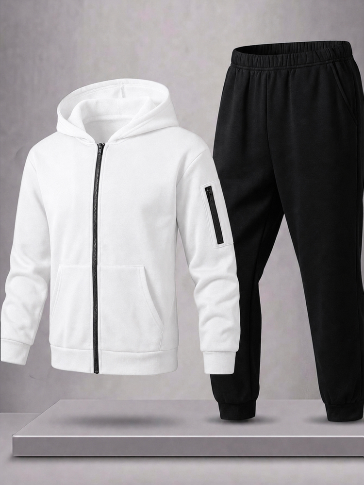 SHEIN Setelan Anak Laki-Laki Remaja 2 Potong: Kaos Hoodie Putih dan Celana Panjang Hitam, Kasual, Longgar, Cocok untuk Olahraga Luar Ruangan, Sekolah, Perjalanan, Sesuai untuk Musim Gugur/Dingin - Hitam dan Putih - View 2