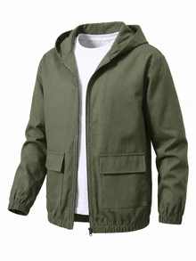 SHEIN Kids Tween Boy Casual Hooded Versatile Army Green Utility Pocket Jacket, Suitable For Commuting, School, Daily Casual Outings, Sports, Autumn/Winter - Army Green - View 4